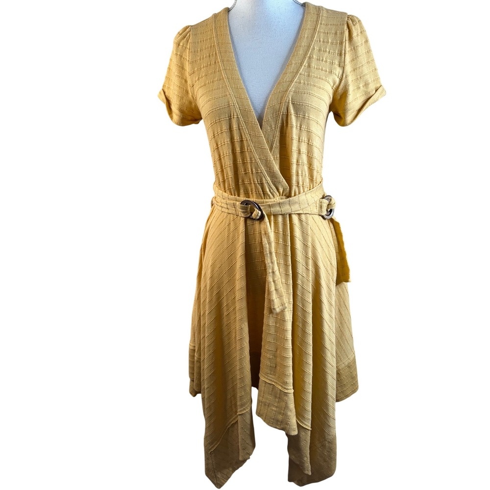 Free People Women's Yellow Textured Belted Handkerchief Hem Midi Dress Small - Picture 2 of 7